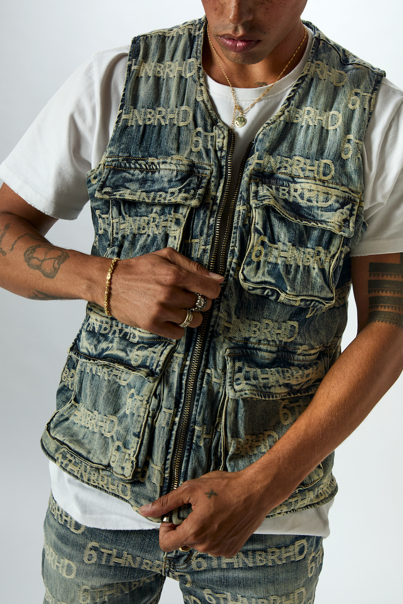 "SIGNATURE" DENIM JACQUARD VEST - BLUE WASH